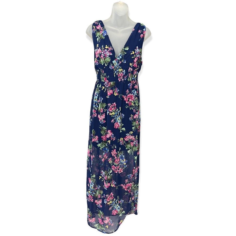 Sienna Sky Blue Floral V-Neck Sleeveless Maxi Dress Size L
